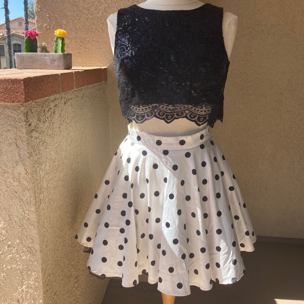 Black and White Polka Dots Two Pieces Dress S